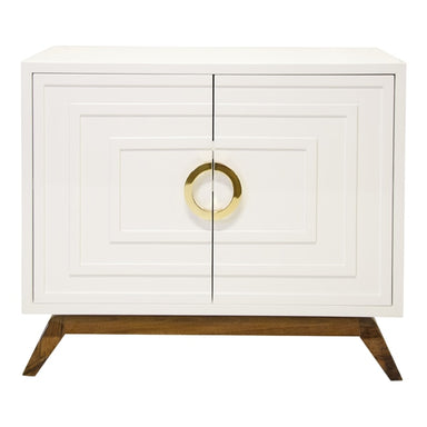 glossy white cabinet with wood legs, midcentury modern vibe