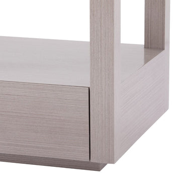 recessed base of taupe grey side table
