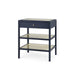 dark blue side table with drawer and two shelves