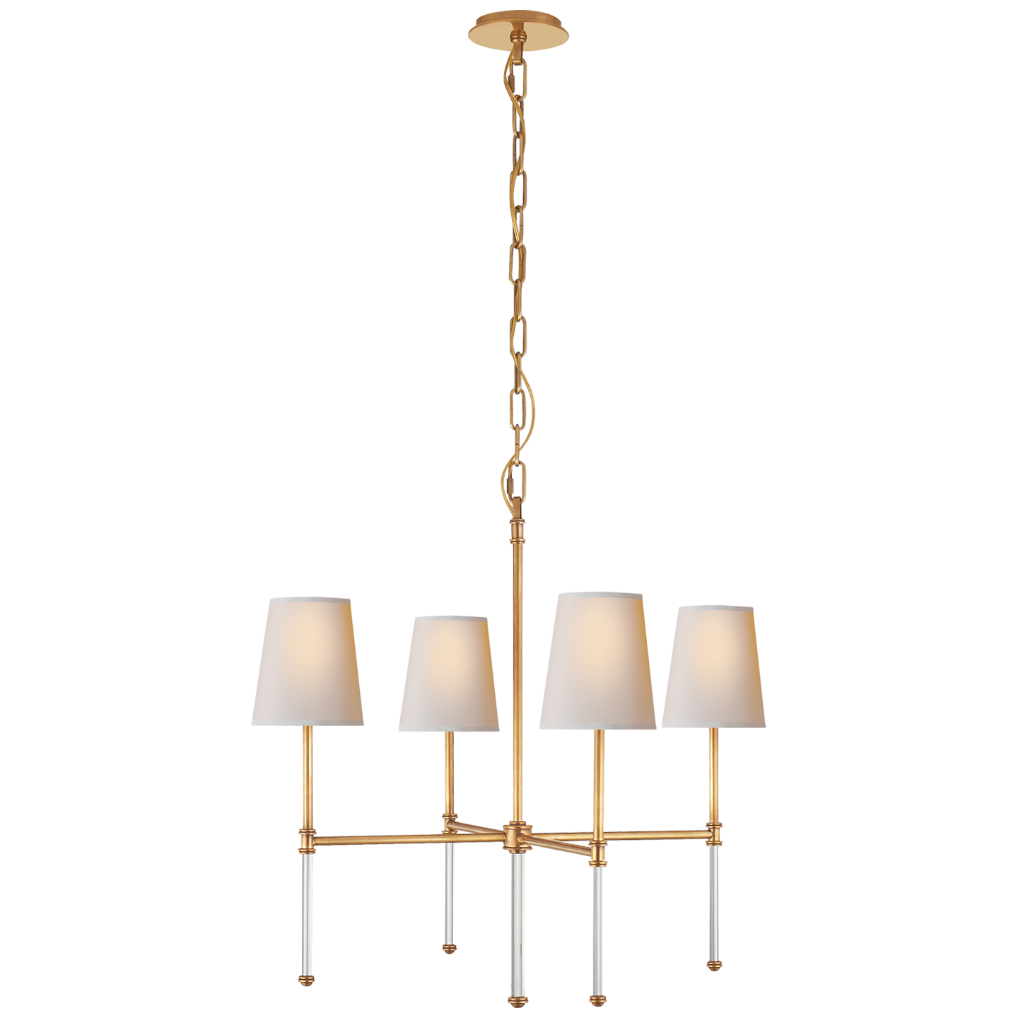 brass four-arm  chandelier with shades