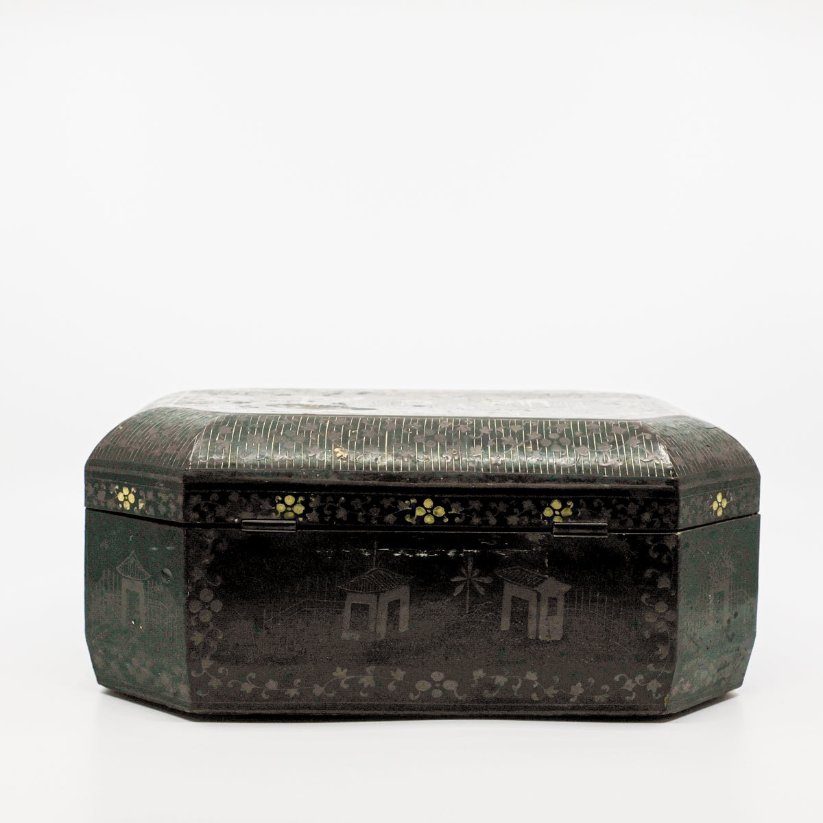 back view of black and gold paper marche lidded box