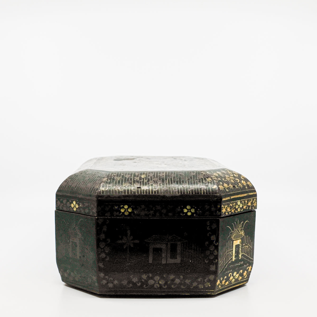end view of black and gold paper marche lidded box