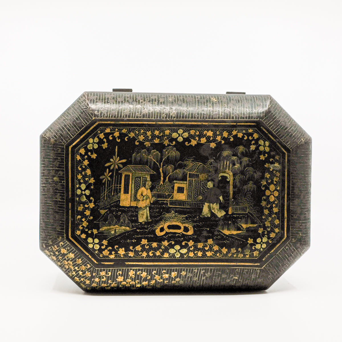 gold and black chinoiserie scene on top of antique papier marche box