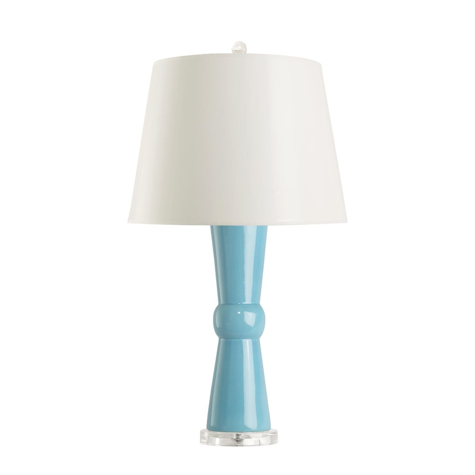 light turquoise ceramic lamp with acrylic base and white shade