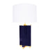 navy lacquer table lamp with brass accents and white drum shade
