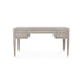 taupe grey five-drawer desk with brass accents