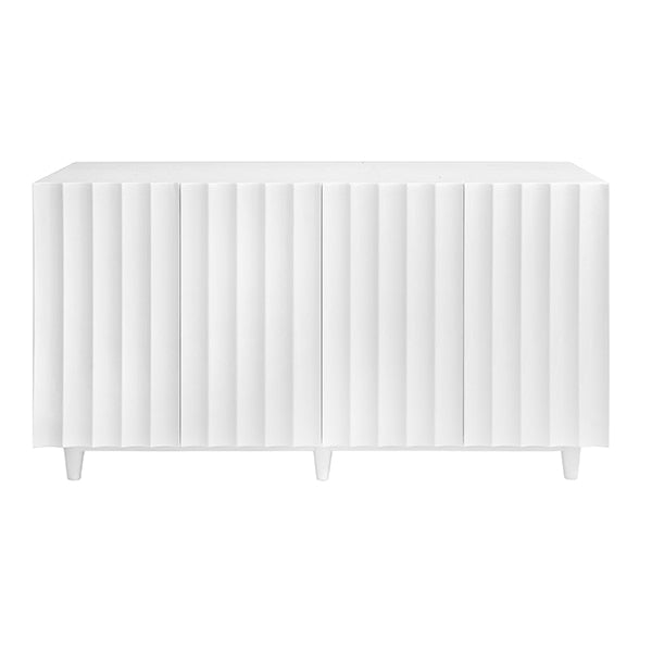 white painted scalloped front console cabinet, four doors, on legs