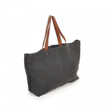 dark grey Belgian linen shoulder bag with leather straps and black stripe trim