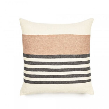 Belgian linen square pillow with an oatmeal background and pale rose and black uneven stripes