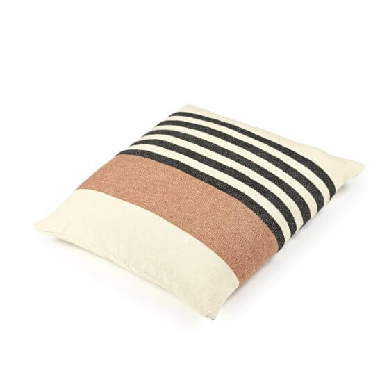 Belgian linen square pillow with an oatmeal background and pale rose and black uneven stripes